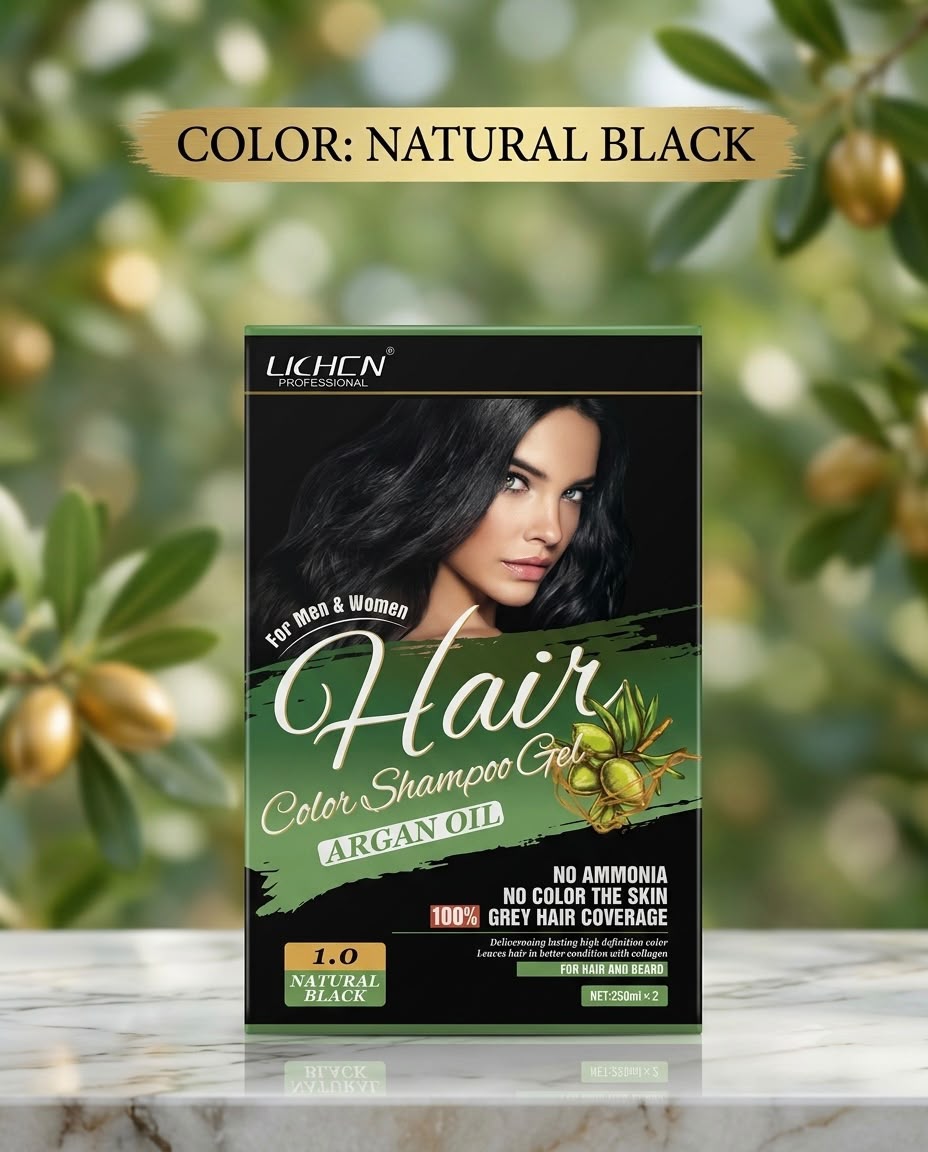 Lichen Professional Hair Color Shampoo Gel - Argan Oil (Dark Brown & Natural Black)  Net Content: 250ml x 2
